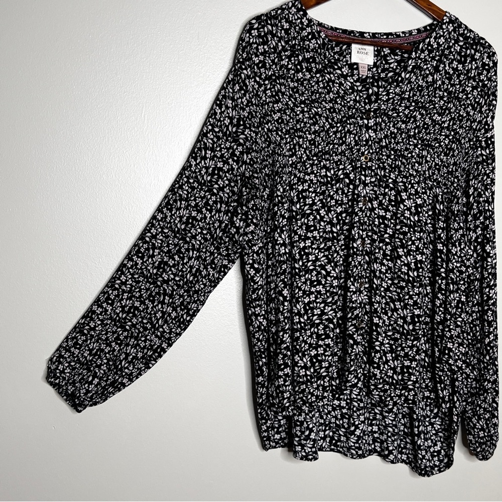 Knox Rose Black Floral Print Long Sleeve Peasant Style Top Hi-L Womens Size XXL - Picture 4 of 12